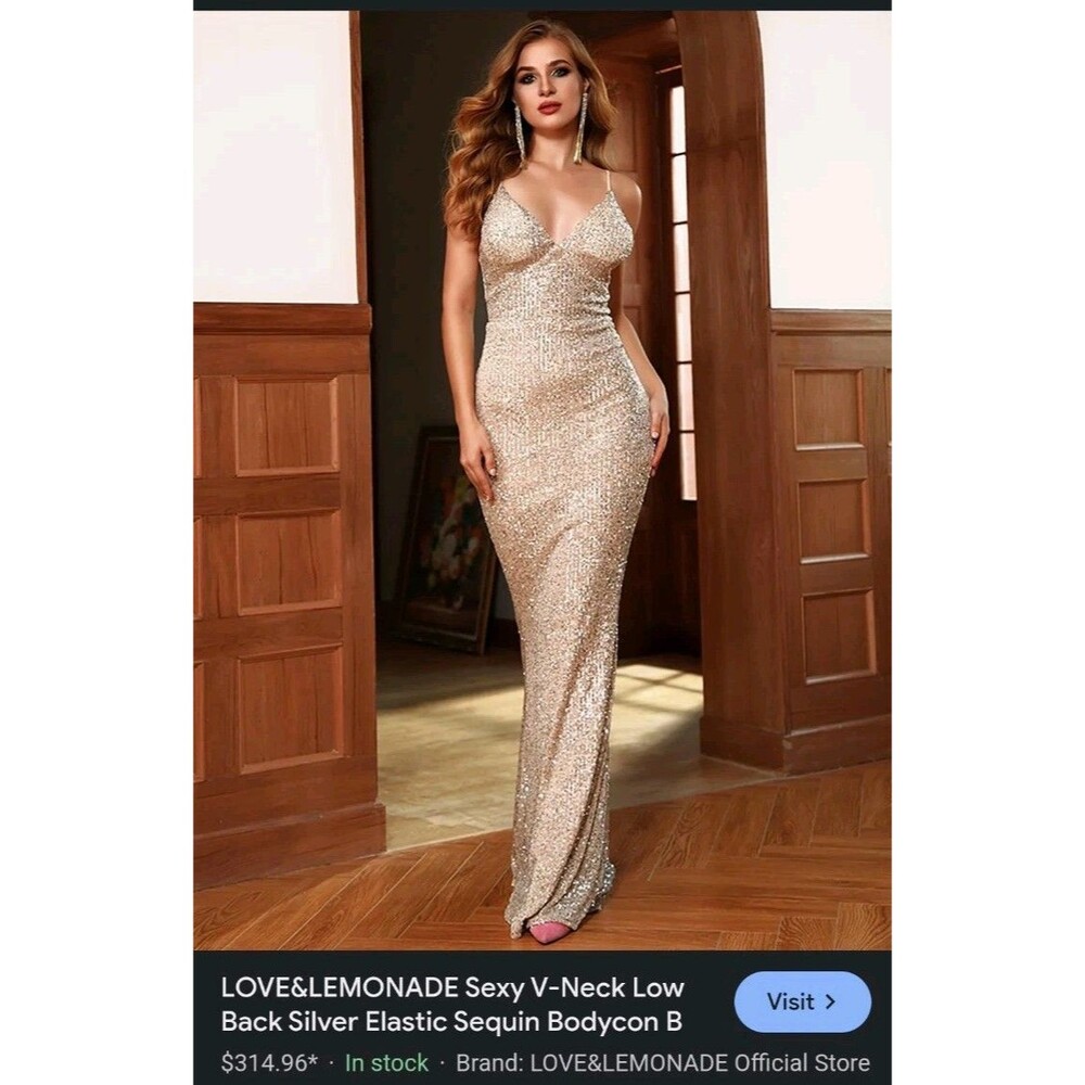 LOVE&LEMONADE Sexy V-Neck Silver Gold Sequin Bodycon sz m formal Dress Prom Nwt